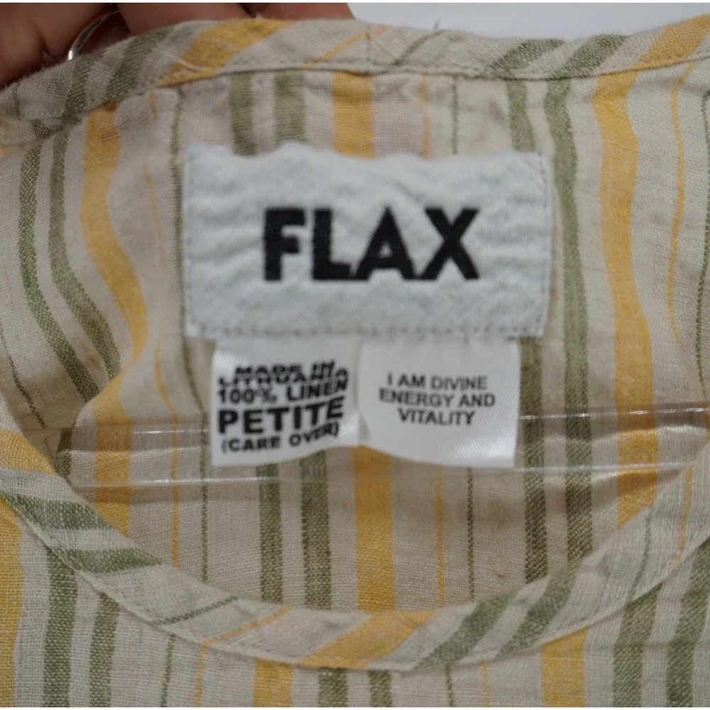 Flax Linen 2 Piece Set Yellow Green Striped Top and Midi Skirt Petite